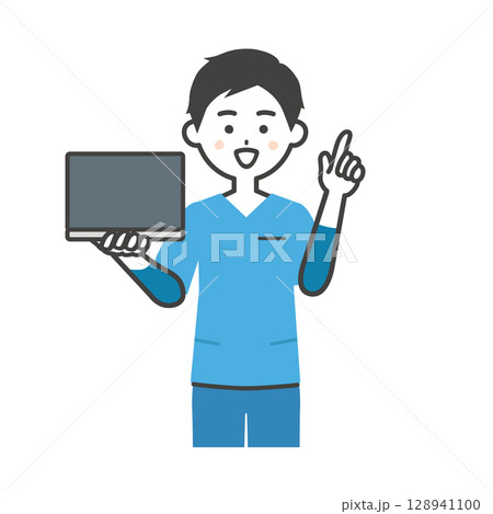 ノートパソコンを持って指を立てるスクラブ姿の男性イラスト 128941100