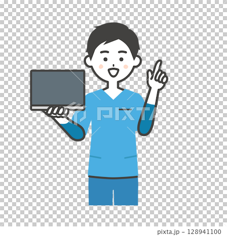 ノートパソコンを持って指を立てるスクラブ姿の男性イラスト 128941100