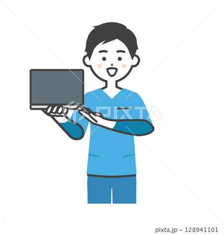ノートパソコンを持つスクラブ姿の男性イラスト 128941101