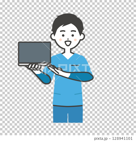 ノートパソコンを持つスクラブ姿の男性イラスト 128941101