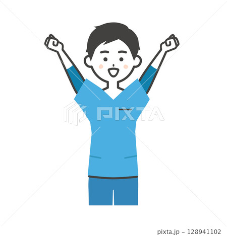 両手のこぶしを上げるスクラブ姿の男性イラスト 128941102
