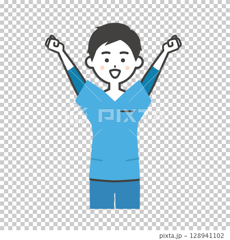両手のこぶしを上げるスクラブ姿の男性イラスト 128941102