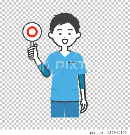 一名身穿工作服的男子手持正確答案卡的插圖 128941103