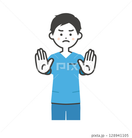 両手で制止するスクラブ姿の男性イラスト 128941105