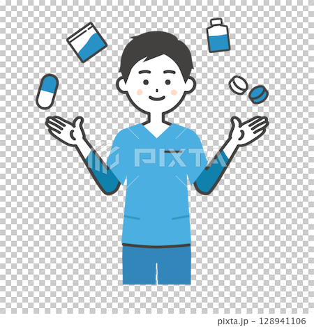 色んな種類の薬品とスクラブ姿の男性イラスト 128941106