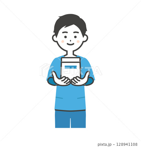 薬袋を差し出すスクラブ姿の男性イラスト 128941108