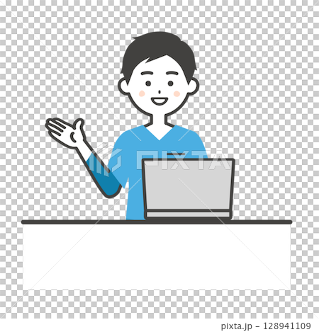 一名身穿工作服的男子正在使用筆記型電腦的插圖 一名身穿工作服的男子正在使用筆記型電腦的插圖 128941109