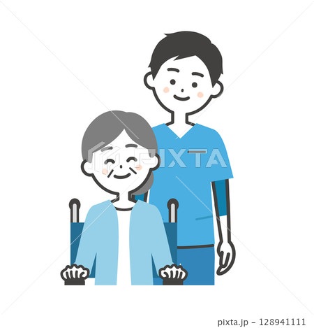 スクラブ姿の男性と車いすに乗った年配の女性イラスト 128941111