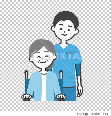 スクラブ姿の男性と車いすに乗った年配の女性イラスト 128941111