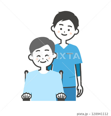 スクラブ姿の男性と車いすに乗った年配の男性イラスト 128941112