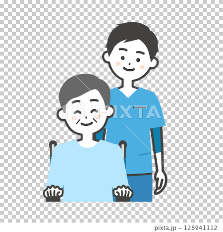 スクラブ姿の男性と車いすに乗った年配の男性イラスト 128941112