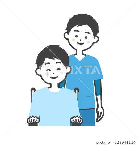 スクラブ姿の男性と車いすに乗った男性イラスト 128941114