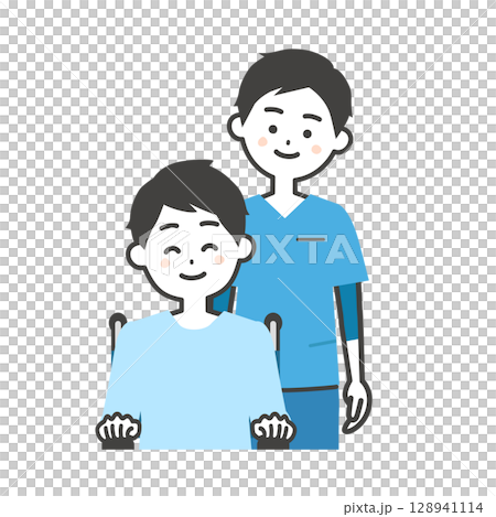 一名身穿灌木叢的男子和一名坐在輪椅上的男子的插圖 128941114