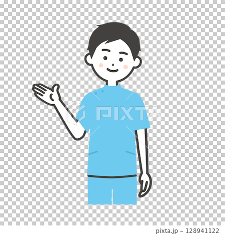 手で指すケーシー姿の男性イラスト 128941122