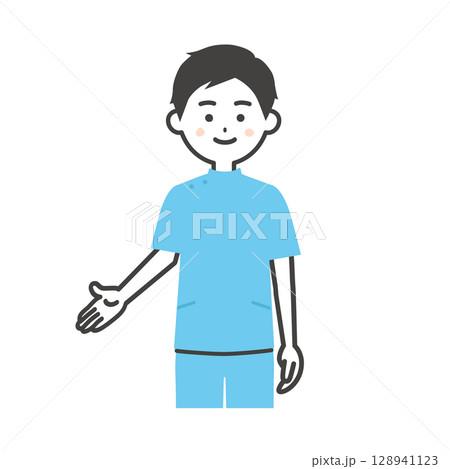 手で下のほうを指すケーシー姿の男性イラスト 128941123