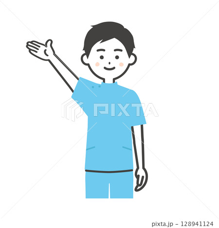 手で上のほうを指すケーシー姿の男性イラスト 128941124