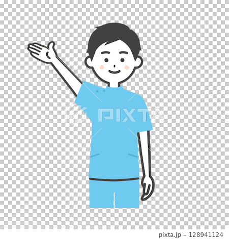 手で上のほうを指すケーシー姿の男性イラスト 128941124