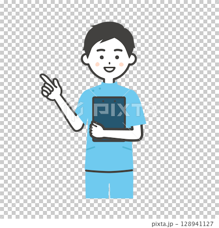 資料を抱えて指を立てるケーシー姿の男性イラスト 128941127