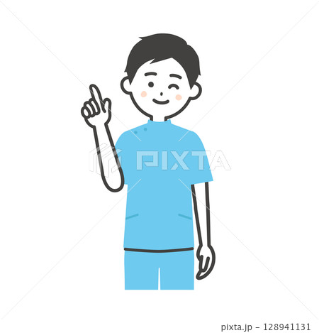 ウインクして指を立てるケーシー姿の男性イラスト 128941131