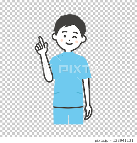 ウインクして指を立てるケーシー姿の男性イラスト 128941131