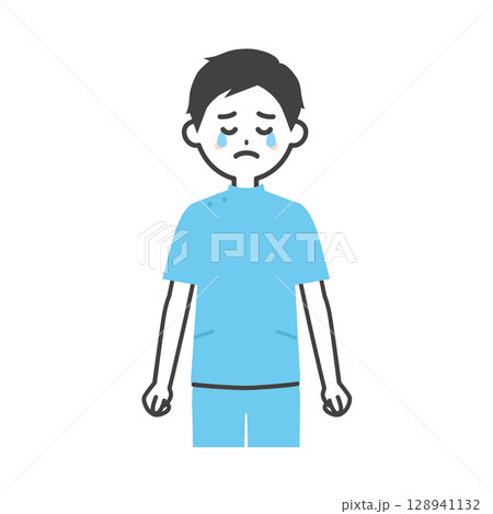 涙を流すケーシー姿の男性イラスト 128941132