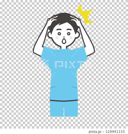 Illustration of a man in a casey costume holding his head in surprise 128941133