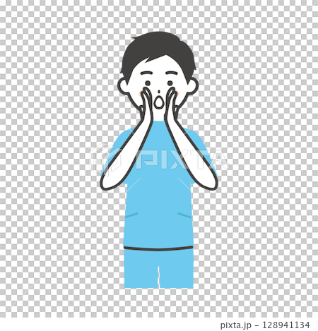 両手を口に添えて呼ぶケーシー姿の男性イラスト 128941134