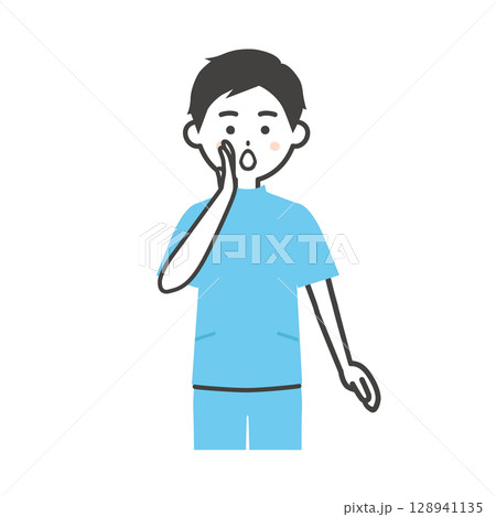 手を口に添えて呼ぶケーシー姿の男性イラスト 128941135
