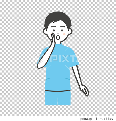 手を口に添えて呼ぶケーシー姿の男性イラスト 128941135