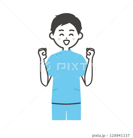 笑顔でガッツポーズするケーシー姿の男性イラスト 128941137