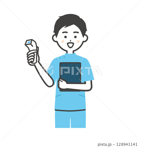 体温計を持つケーシー姿の男性イラスト 128941141