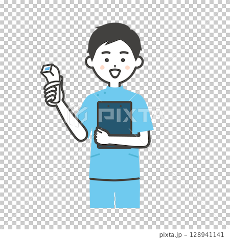 体温計を持つケーシー姿の男性イラスト 128941141