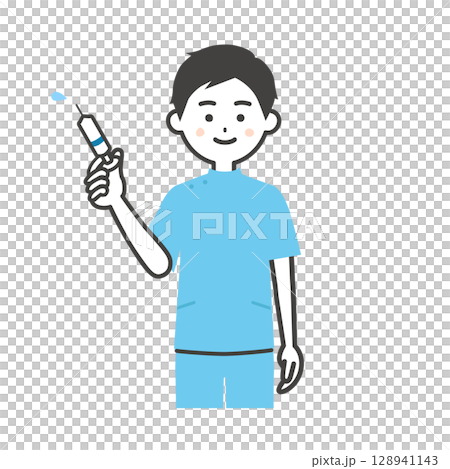Illustration of a man in a casey costume holding a syringe 128941143
