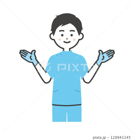 ゴム手袋をつけたケーシー姿の男性イラスト 128941145