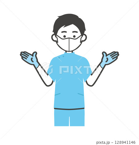 ゴム手袋とマスクをつけたケーシー姿の男性イラスト 128941146