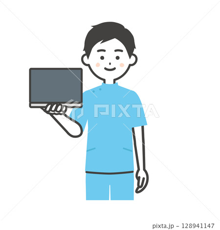 ノートパソコンを持つケーシー姿の男性イラスト ノートパソコンを持つケーシー姿の男性イラスト 128941147