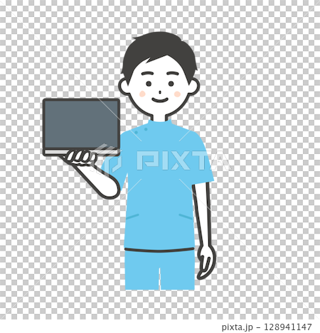 ノートパソコンを持つケーシー姿の男性イラスト ノートパソコンを持つケーシー姿の男性イラスト 128941147