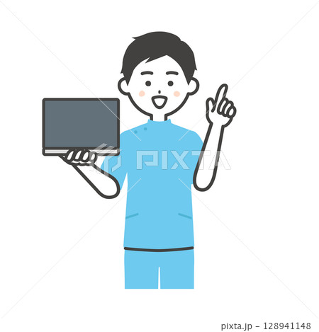 ノートパソコンを持って指を立てるケーシー姿の男性イラスト 128941148