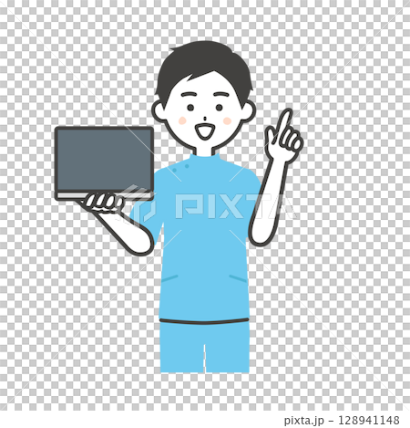 ノートパソコンを持って指を立てるケーシー姿の男性イラスト 128941148