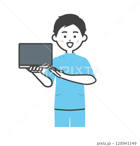 ノートパソコンを持つケーシー姿の男性イラスト 128941149