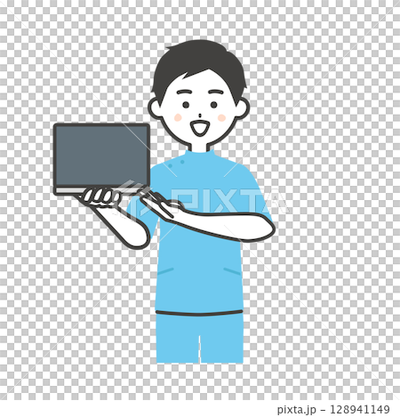 ノートパソコンを持つケーシー姿の男性イラスト 128941149