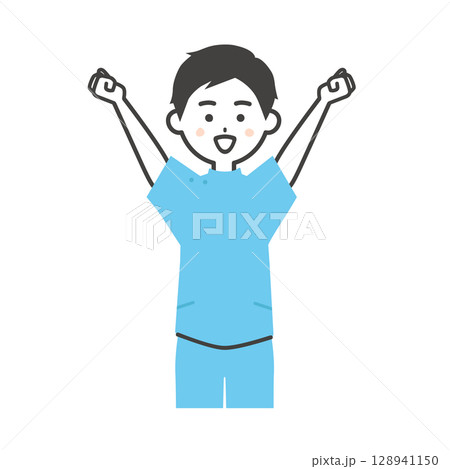 両手のこぶしを上げるケーシー姿の男性イラスト 128941150