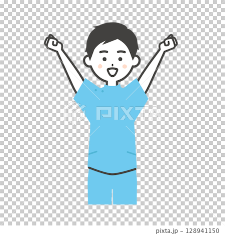 両手のこぶしを上げるケーシー姿の男性イラスト 128941150
