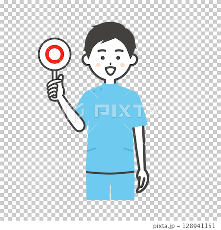 正解の札を持ったケーシー姿の男性イラスト 128941151