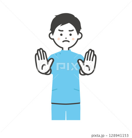 両手で制止するケーシー姿の男性イラスト 128941153