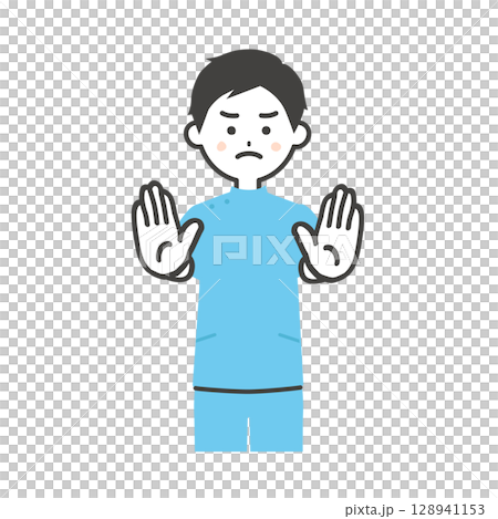 両手で制止するケーシー姿の男性イラスト 128941153