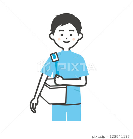 バッグを肩にかけるケーシー姿の男性イラスト 128941155