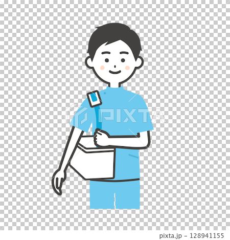 バッグを肩にかけるケーシー姿の男性イラスト 128941155