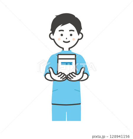 薬袋を差し出すケーシー姿の男性イラスト 薬袋を差し出すケーシー姿の男性イラスト 128941156
