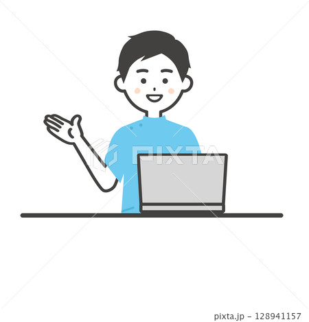 ノートパソコンを使うケーシー姿の男性イラスト 128941157